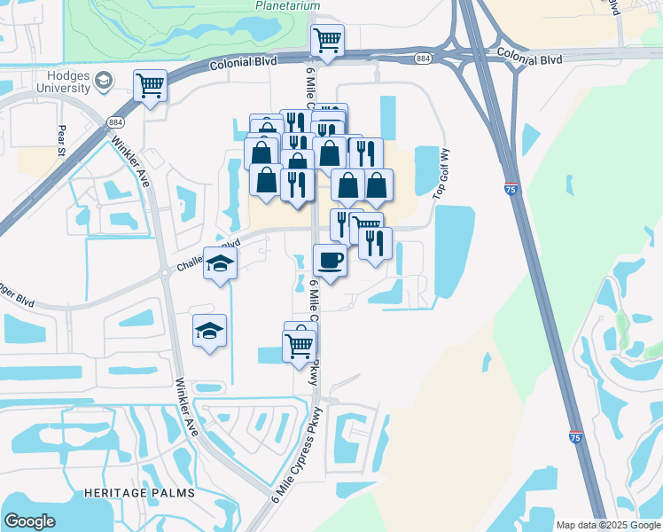 map of restaurants, bars, coffee shops, grocery stores, and more near 7974 Dani Drive in Fort Myers