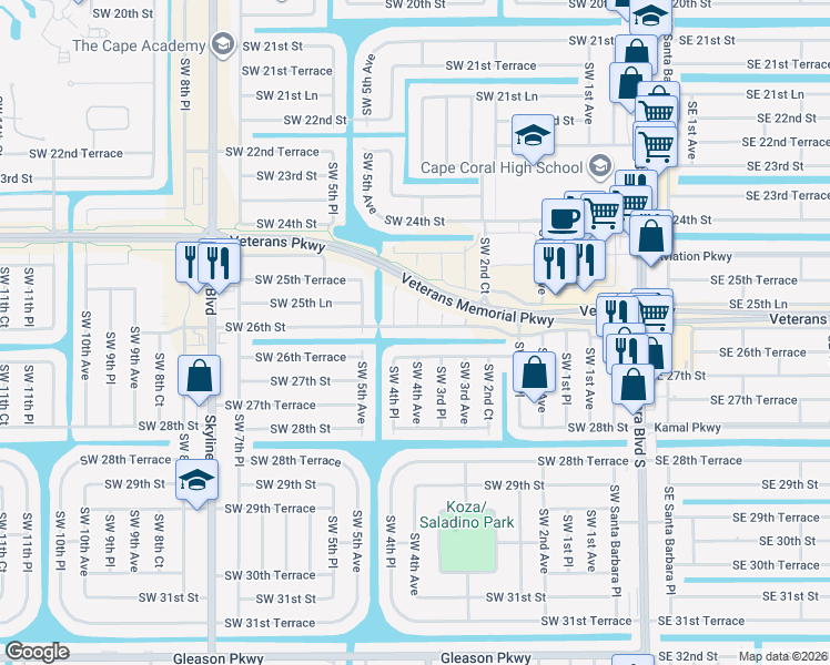 map of restaurants, bars, coffee shops, grocery stores, and more near 2547 Southwest 4th Avenue in Cape Coral