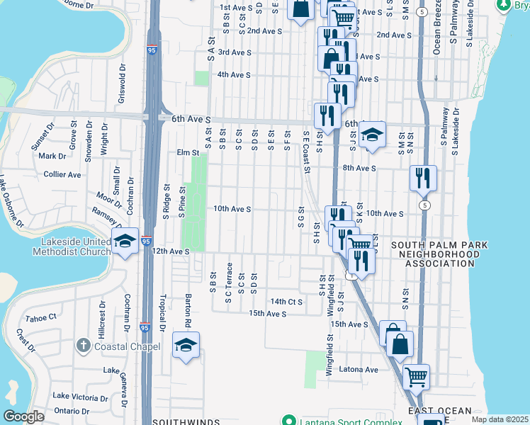 map of restaurants, bars, coffee shops, grocery stores, and more near 930 South D Street in Lake Worth