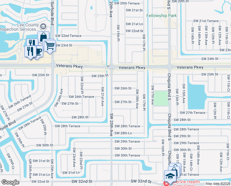 map of restaurants, bars, coffee shops, grocery stores, and more near 1908 Southwest 26th Street in Cape Coral