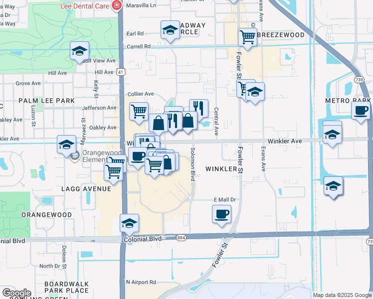 map of restaurants, bars, coffee shops, grocery stores, and more near 2244 Winkler Avenue in Fort Myers
