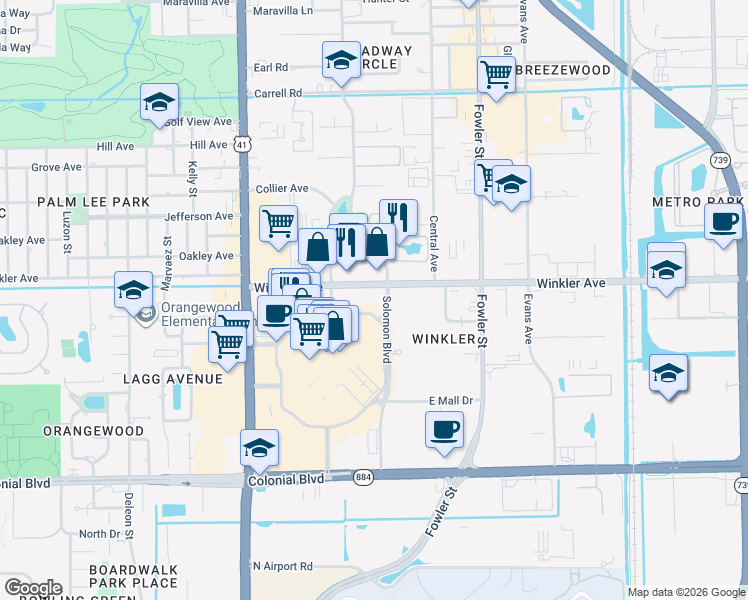 map of restaurants, bars, coffee shops, grocery stores, and more near 2244 Winkler Avenue in Fort Myers