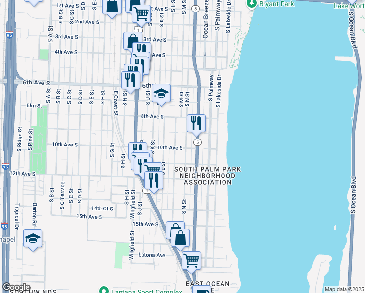 map of restaurants, bars, coffee shops, grocery stores, and more near 921 South N Street in Lake Worth