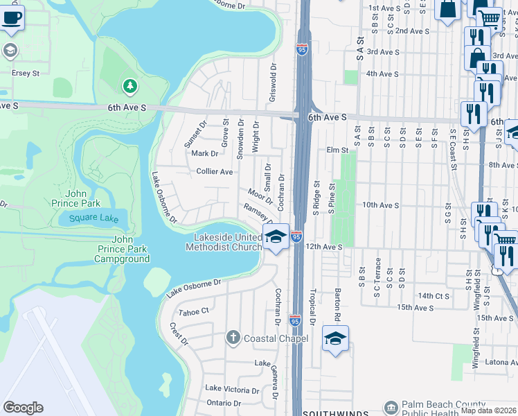 map of restaurants, bars, coffee shops, grocery stores, and more near 1908 Ramsey Drive in Lake Worth Beach