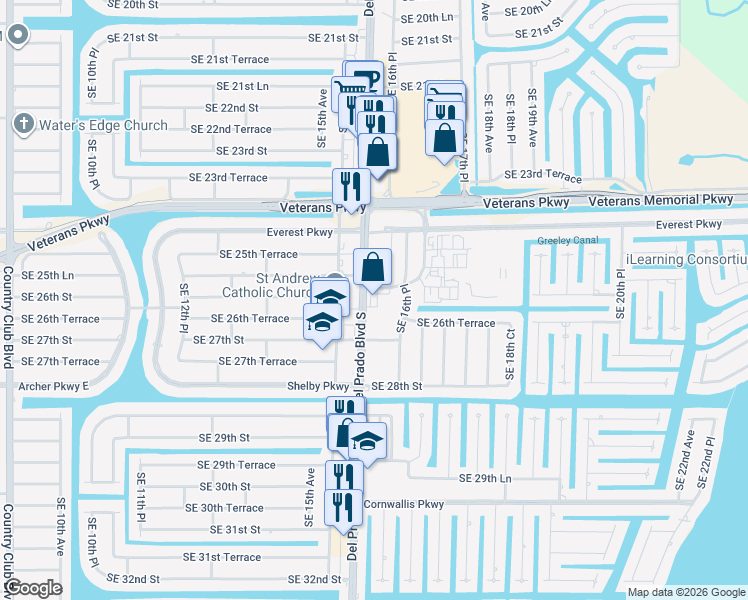 map of restaurants, bars, coffee shops, grocery stores, and more near 2607 Del Prado Boulevard South in Cape Coral