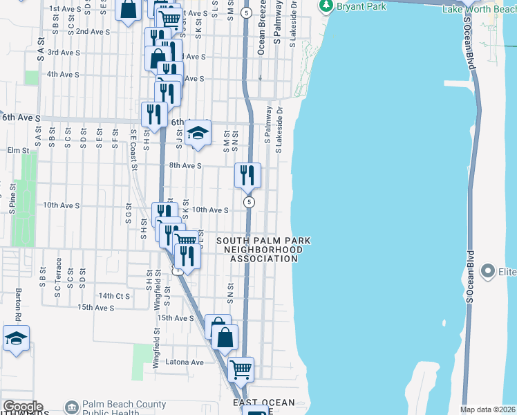 map of restaurants, bars, coffee shops, grocery stores, and more near 927 South Palmway in Lake Worth Beach