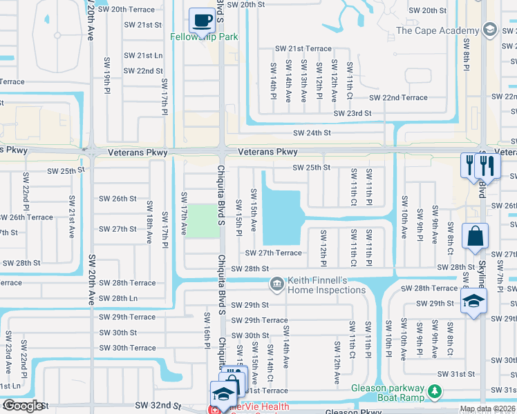 map of restaurants, bars, coffee shops, grocery stores, and more near 2539 Southwest 15th Avenue in Cape Coral