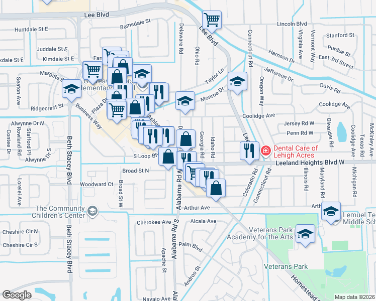 map of restaurants, bars, coffee shops, grocery stores, and more near 1101 Fillmore Avenue in Lehigh Acres