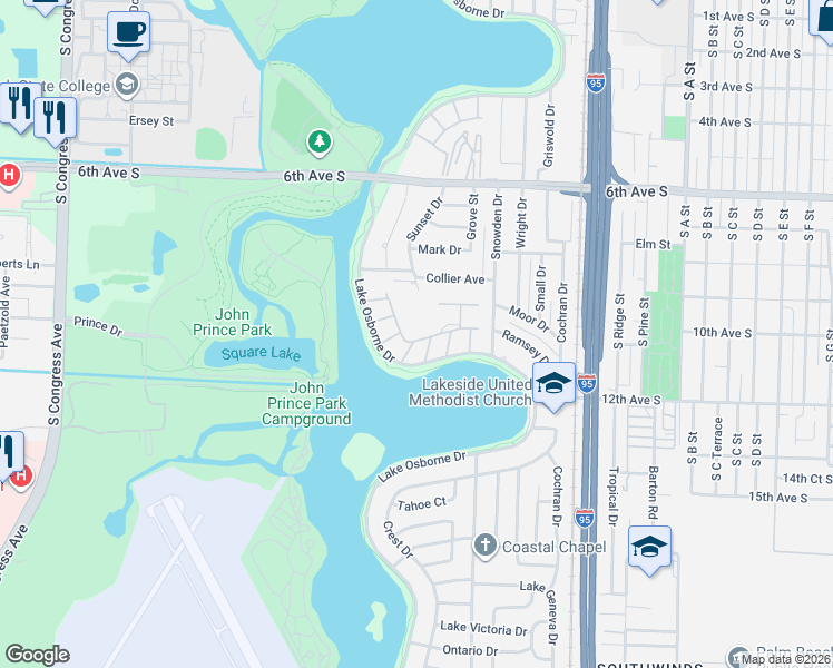 map of restaurants, bars, coffee shops, grocery stores, and more near 215 Cynthia Lane in Lake Worth