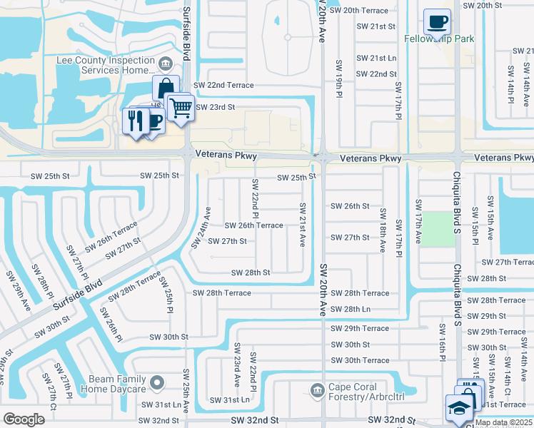 map of restaurants, bars, coffee shops, grocery stores, and more near 2202 Southwest 26th Street in Cape Coral
