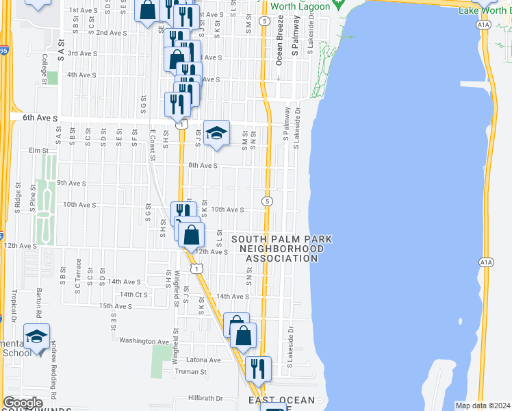 map of restaurants, bars, coffee shops, grocery stores, and more near 926 South N Street in Lake Worth