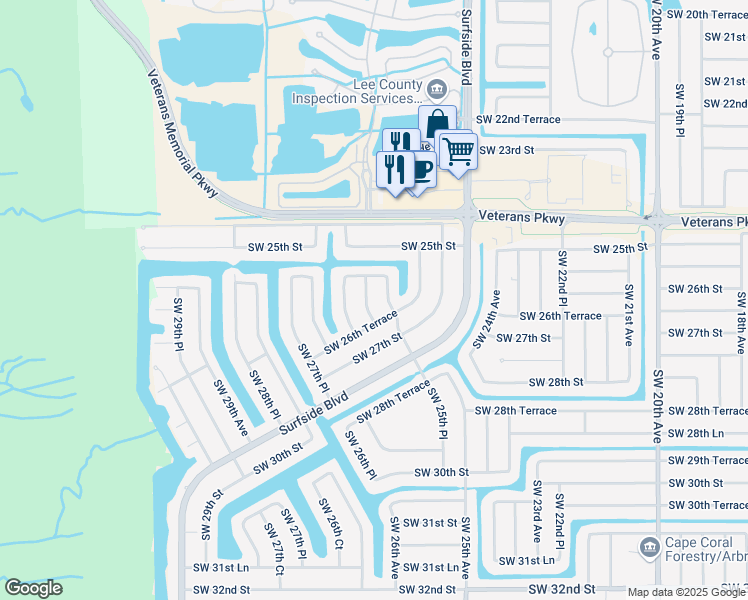 map of restaurants, bars, coffee shops, grocery stores, and more near 2533 Southwest 26th Avenue in Cape Coral
