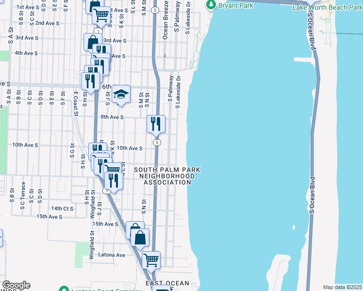 map of restaurants, bars, coffee shops, grocery stores, and more near 924 South Lakeside Drive in Lake Worth
