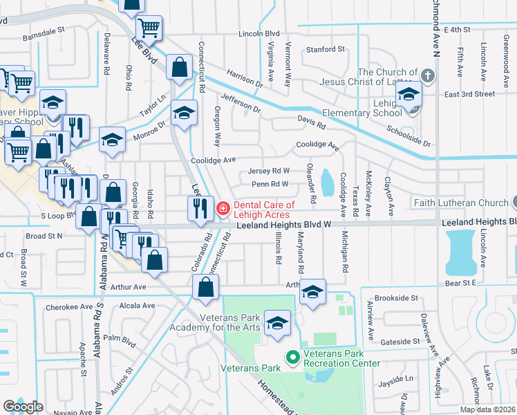 map of restaurants, bars, coffee shops, grocery stores, and more near 501 Oregon Road West in Lehigh Acres