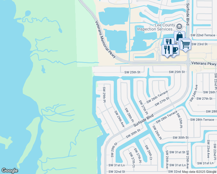 map of restaurants, bars, coffee shops, grocery stores, and more near 2604 Southwest 29th Avenue in Cape Coral