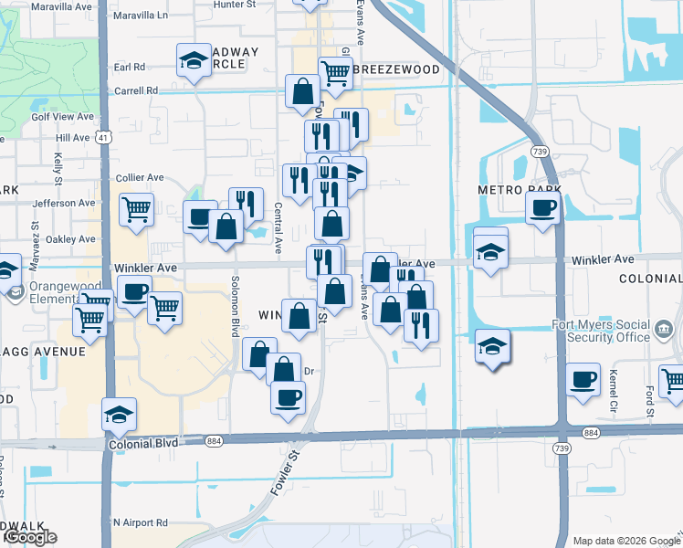 map of restaurants, bars, coffee shops, grocery stores, and more near 2540 Winkler Avenue in Fort Myers