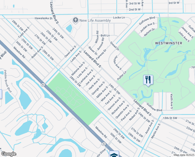 map of restaurants, bars, coffee shops, grocery stores, and more near 2406 Herb Avenue South in Lehigh Acres