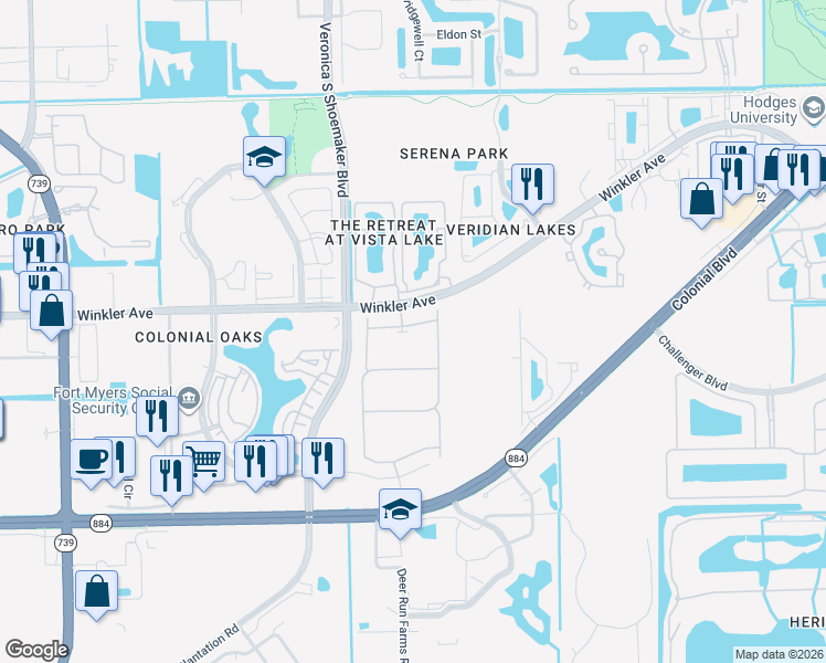 map of restaurants, bars, coffee shops, grocery stores, and more near 4180 Bluegrass Drive in Fort Myers