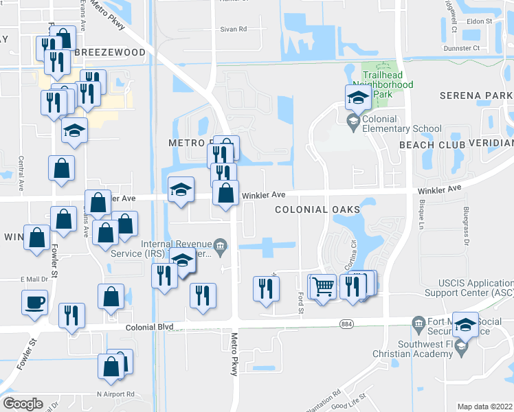 map of restaurants, bars, coffee shops, grocery stores, and more near 4154 Castilla Circle in Fort Myers