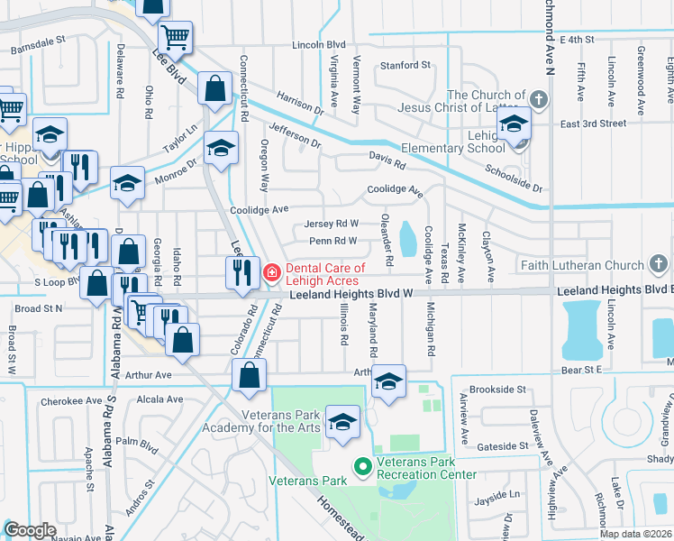 map of restaurants, bars, coffee shops, grocery stores, and more near 305 Oregon Road West in Lehigh Acres