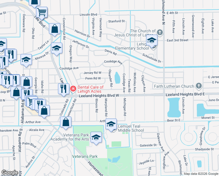 map of restaurants, bars, coffee shops, grocery stores, and more near 201 Oregon Road West in Lehigh Acres