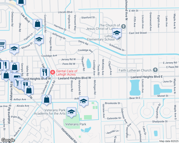 map of restaurants, bars, coffee shops, grocery stores, and more near 105 Oregon Road West in Lehigh Acres