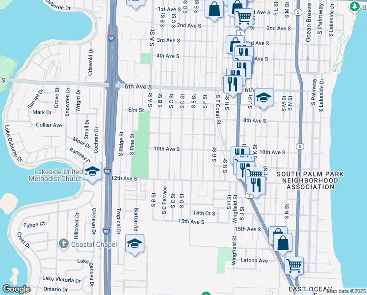 map of restaurants, bars, coffee shops, grocery stores, and more near 930 South D Street in Lake Worth