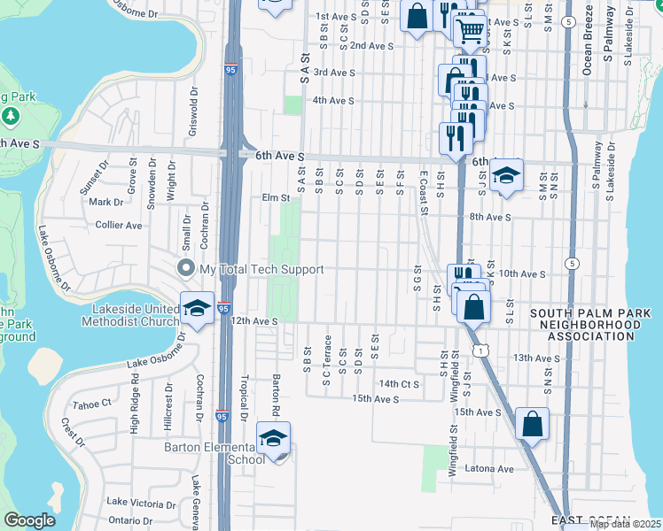 map of restaurants, bars, coffee shops, grocery stores, and more near 931 South C Street in Lake Worth
