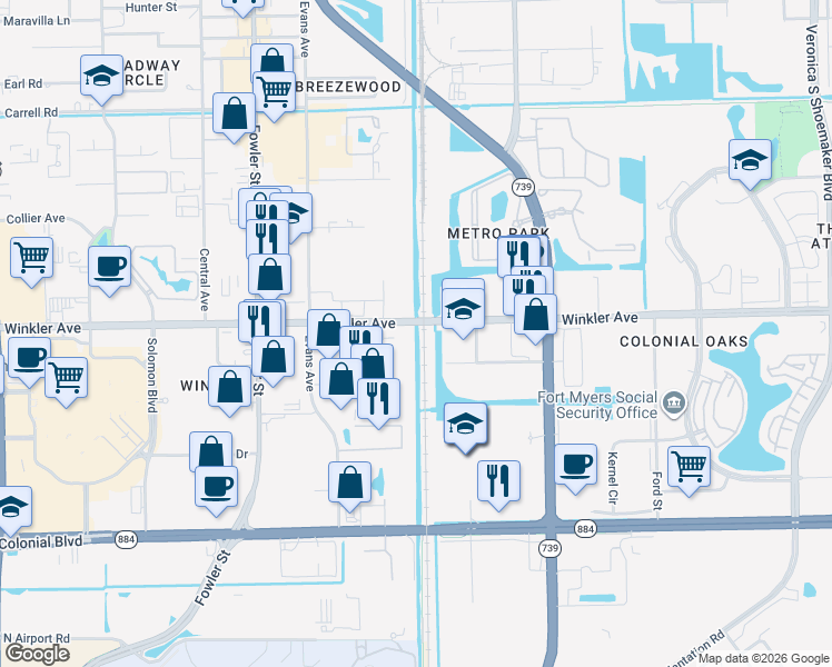 map of restaurants, bars, coffee shops, grocery stores, and more near 2830 Winkler Avenue in Fort Myers