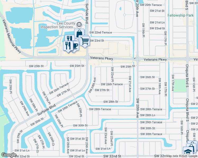 map of restaurants, bars, coffee shops, grocery stores, and more near 2600 Southwest 23rd Place in Cape Coral