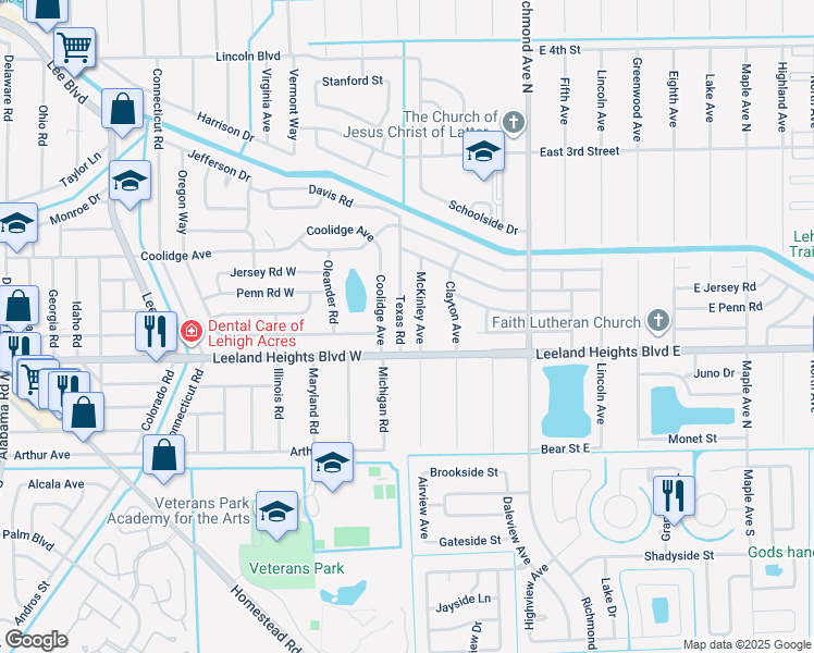 map of restaurants, bars, coffee shops, grocery stores, and more near 106 Texas Road in Lehigh Acres