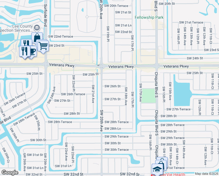 map of restaurants, bars, coffee shops, grocery stores, and more near 1908 Southwest 26th Street in Cape Coral