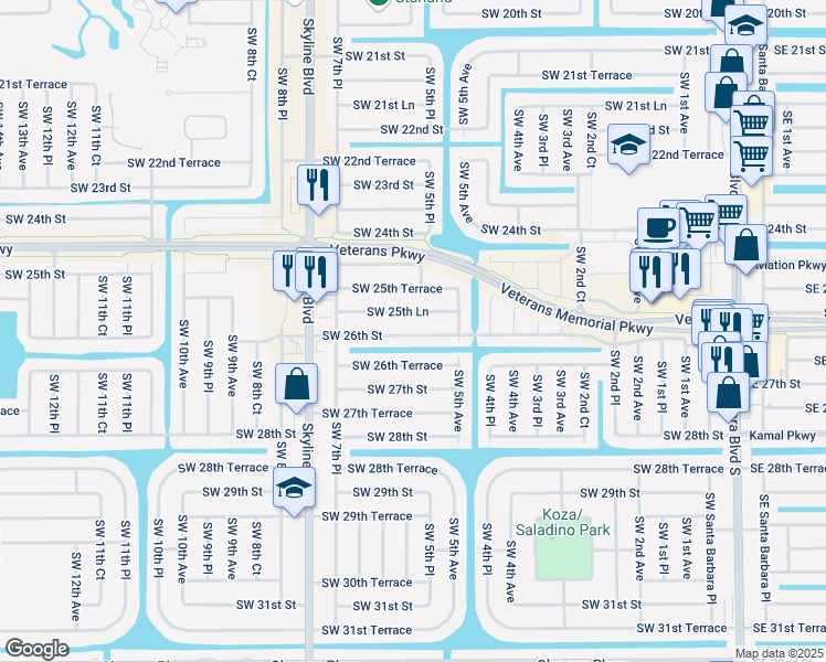 map of restaurants, bars, coffee shops, grocery stores, and more near 523 Southwest 26th Street in Cape Coral