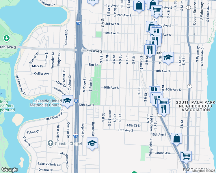 map of restaurants, bars, coffee shops, grocery stores, and more near 931 South C Street in Lake Worth