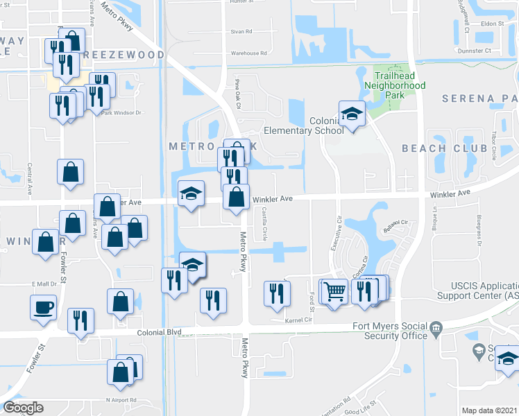 map of restaurants, bars, coffee shops, grocery stores, and more near 4154 Castilla Circle in Fort Myers