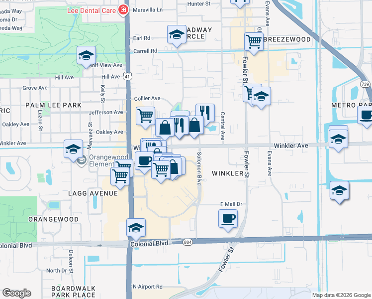 map of restaurants, bars, coffee shops, grocery stores, and more near 2244 Winkler Avenue in Fort Myers
