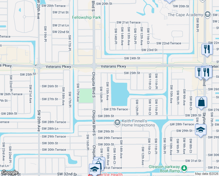 map of restaurants, bars, coffee shops, grocery stores, and more near 2539 Southwest 15th Avenue in Cape Coral