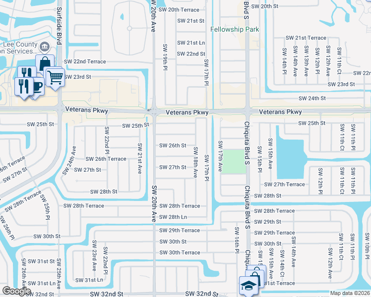 map of restaurants, bars, coffee shops, grocery stores, and more near 1810 Southwest 26th Street in Cape Coral