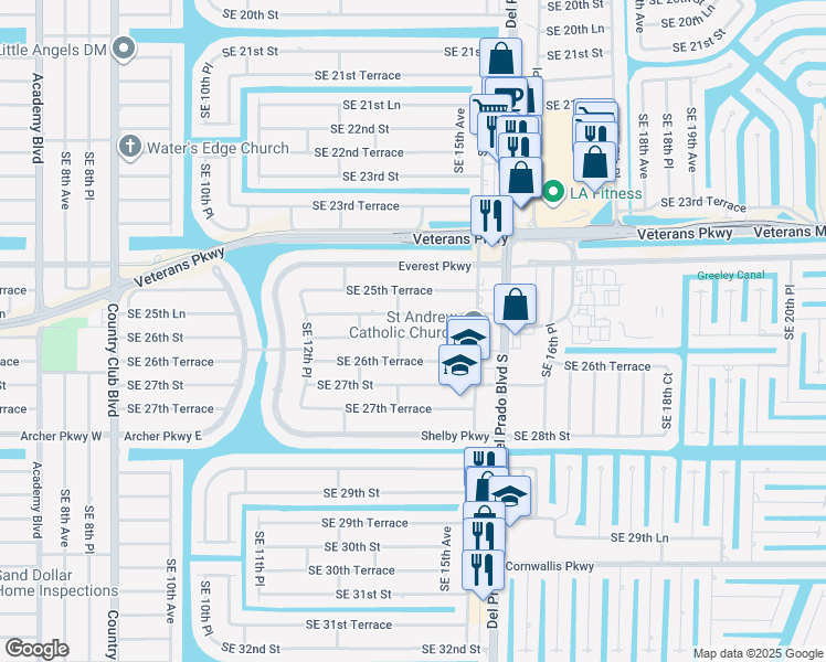 map of restaurants, bars, coffee shops, grocery stores, and more near 1409 Southeast 26th Street in Cape Coral