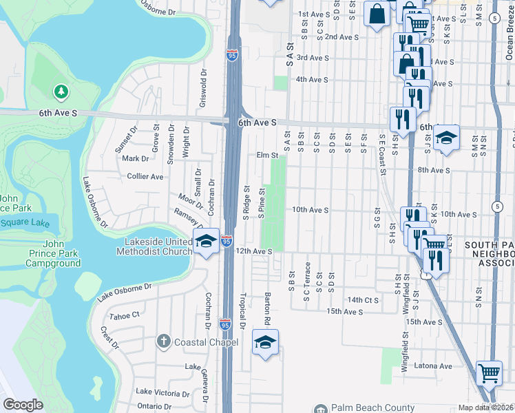 map of restaurants, bars, coffee shops, grocery stores, and more near 923 South Pine Street in Lake Worth