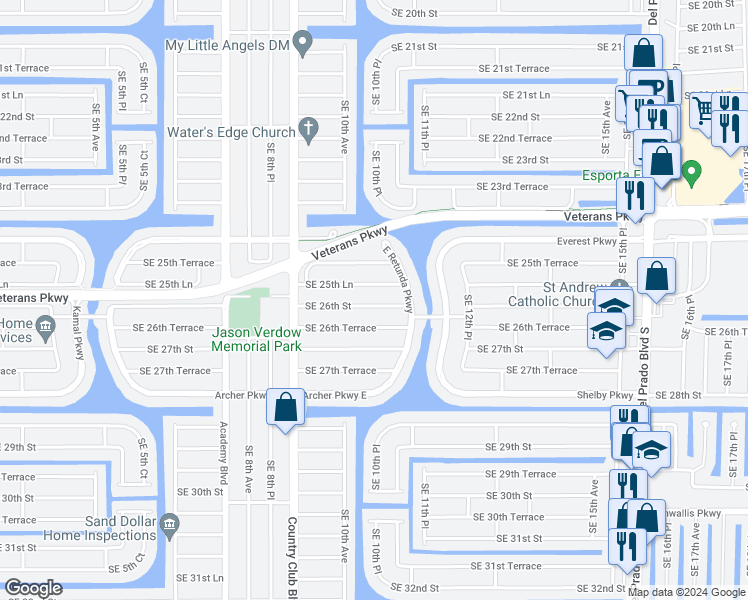 map of restaurants, bars, coffee shops, grocery stores, and more near 1019 Southeast 26th Street in Cape Coral