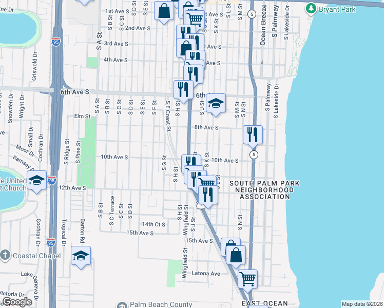 map of restaurants, bars, coffee shops, grocery stores, and more near 929 South Dixie Highway in Lake Worth