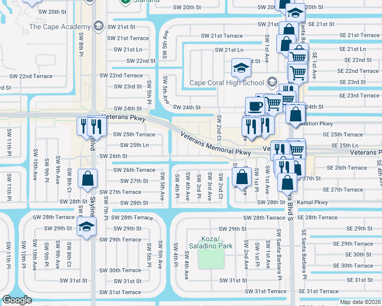 map of restaurants, bars, coffee shops, grocery stores, and more near 2547 Southwest 4th Avenue in Cape Coral