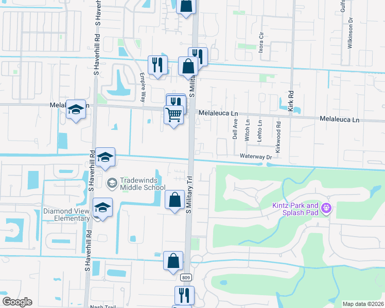 map of restaurants, bars, coffee shops, grocery stores, and more near 3400 South Military Trail in West Palm Beach