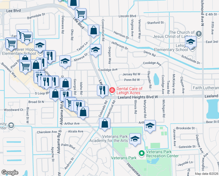 map of restaurants, bars, coffee shops, grocery stores, and more near 108 Lee Boulevard in Lehigh Acres