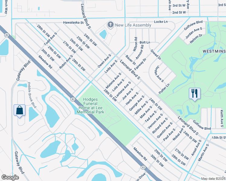 map of restaurants, bars, coffee shops, grocery stores, and more near 2433 Lola Avenue South in Lehigh Acres