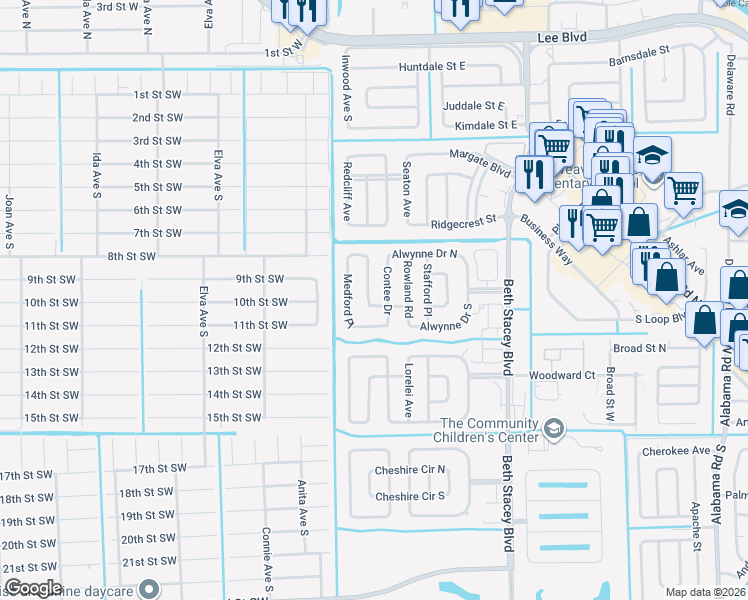map of restaurants, bars, coffee shops, grocery stores, and more near 1522 Medford Place in Lehigh Acres
