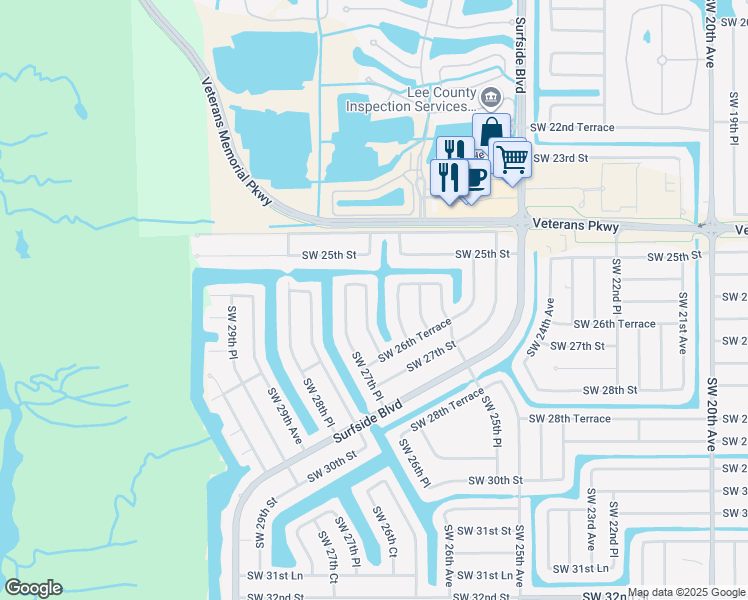 map of restaurants, bars, coffee shops, grocery stores, and more near 2531 Southwest 27th Avenue in Cape Coral
