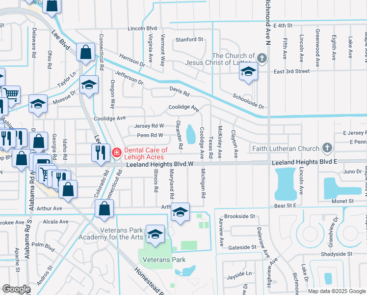 map of restaurants, bars, coffee shops, grocery stores, and more near 201 Oregon Road West in Lehigh Acres