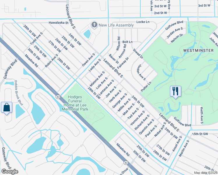 map of restaurants, bars, coffee shops, grocery stores, and more near 2422 Joe Avenue South in Lehigh Acres